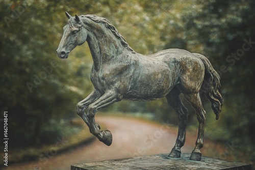 Bronze sculpture of a spirited steed in an outdoor setting.
