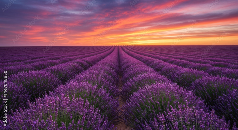 Obraz premium Lavender field under a vibrant sunset sky