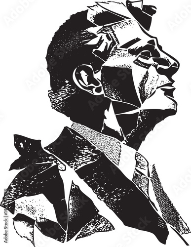 A silhouetted man gazes intensely upwards with a contemplative expression.