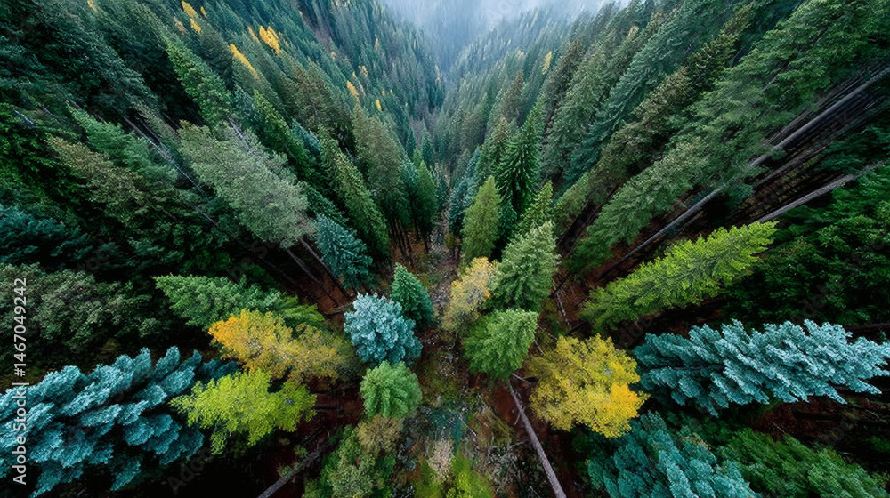 Fototapeta premium Aerial view of a lush forest canopy, showcasing diverse tree colors and textures from above.