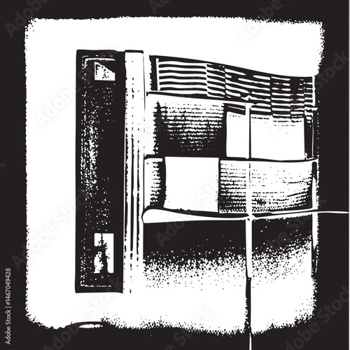 A solitary figure stands before a textured rectangular window.