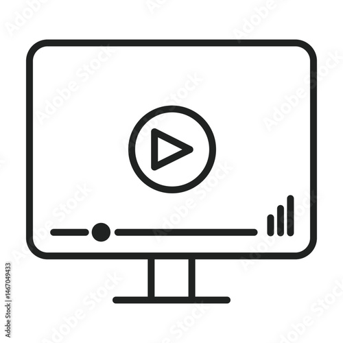 Computer screen shows a play button and a sound level with a scroll bar, it could be a video or a song, editable line vector illustration.
