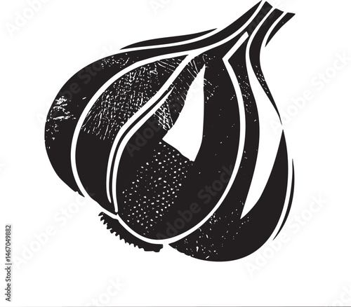 A solitary garlic bulb is depicted in a striking black and white silhouette.