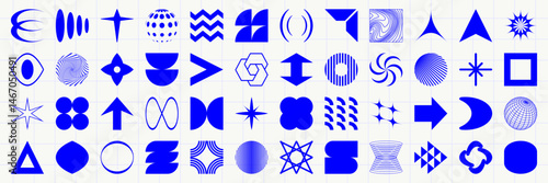 Set of graphic geometric assets with grid, pattern and elements. Vector modern shapes in retro aesthetic. Isolated illustration for stickers, poster, collage, design template.