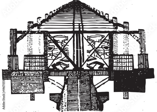 A detailed architectural drawing depicts a wooden gazebo structure with intricate support beams and decorative elements.