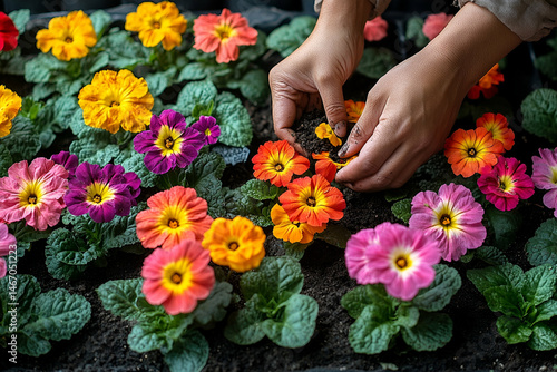 Wallpaper Mural Hands Planting Colorful Primula Flowers in Rich Soil Torontodigital.ca