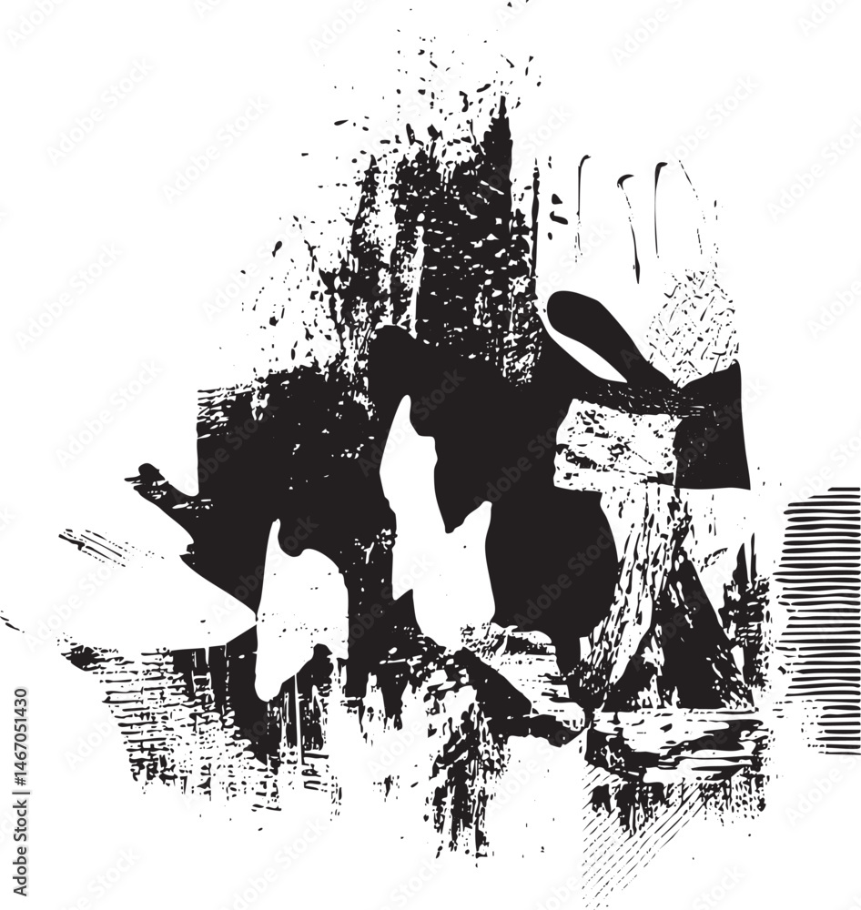 A textured black and white depicts a dynamic abstract composition of layered shapes. A textured black and white depicts a dynamic abstract composition of layered shapes.