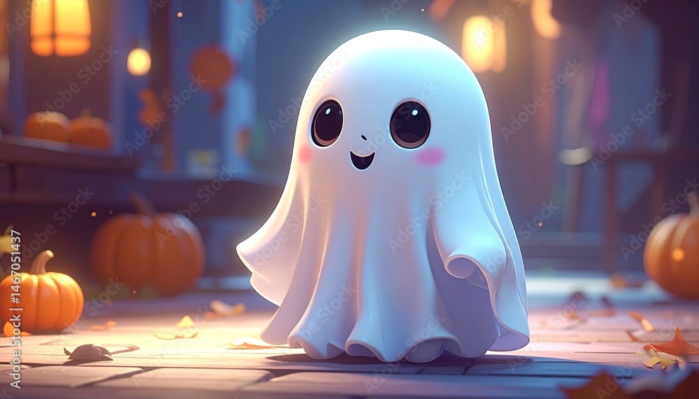 cute halloween ghost with pumpkins