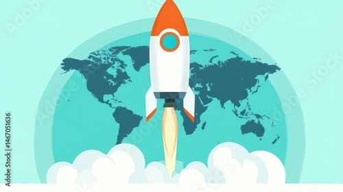 Creative concept with global business startup vector design rocket launching on world map pixel style innovative company technology