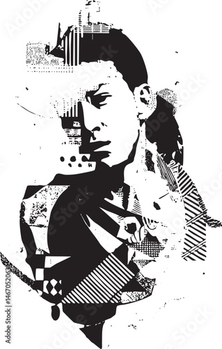 A solitary woman gazes intently towards the viewer amidst a fragmented textured background.