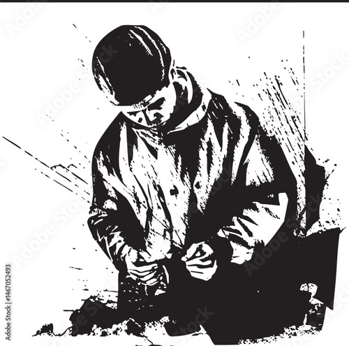 A solitary figure kneels intently examining a small rock formation.
