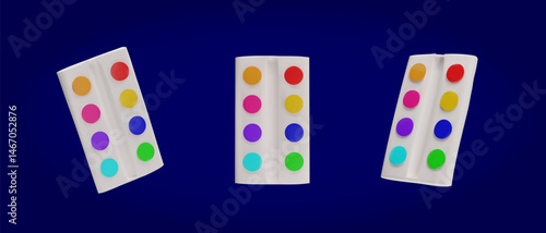 3d set paint plastic pallet with watercolor. Three-dimensional collection vector illustration symbol of drawing. Back to school. Creativity instrument for artist. Educational equipment for hobby art.