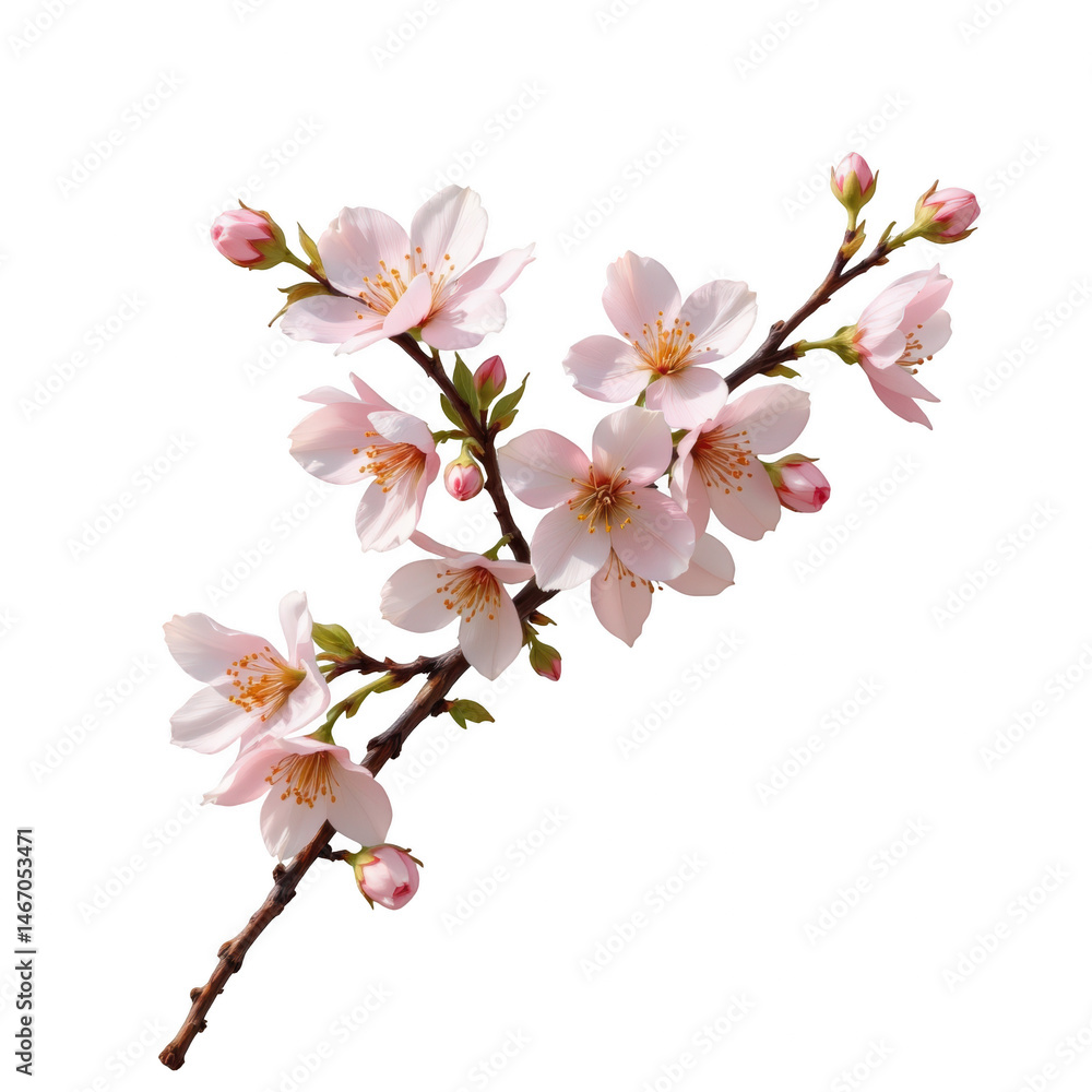 Fototapeta premium Delicate pink cherry blossom flowers bloom on graceful stem with fresh green leaves and soft petals in springtime