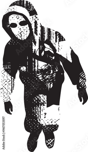 A silhouetted figure with a distinctive head shape walks purposefully into the frame.