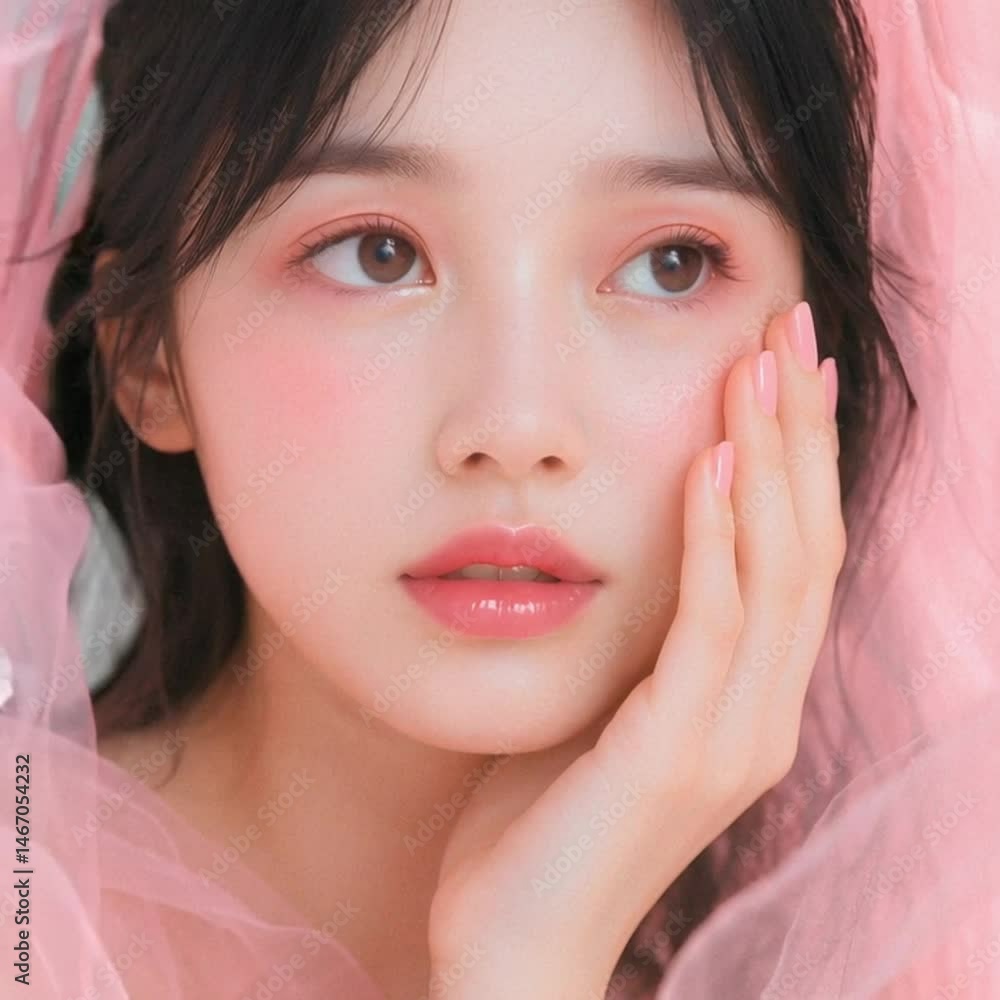 ピンク色のチュールに包まれた美しいアジア人女性のポートレート ピンク色のチュールに包まれた美しいアジア人女性のポートレート