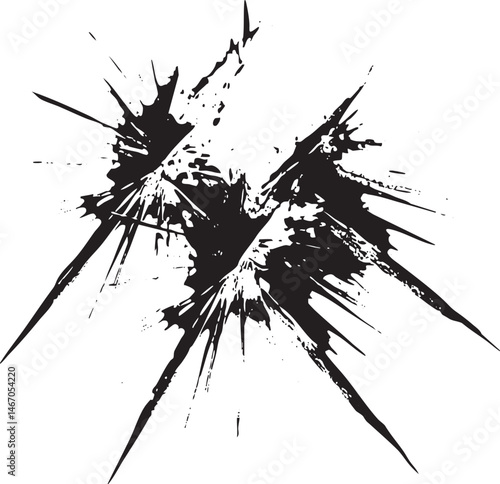A dramatic black and white depicts a shattered screen with radiating lines.