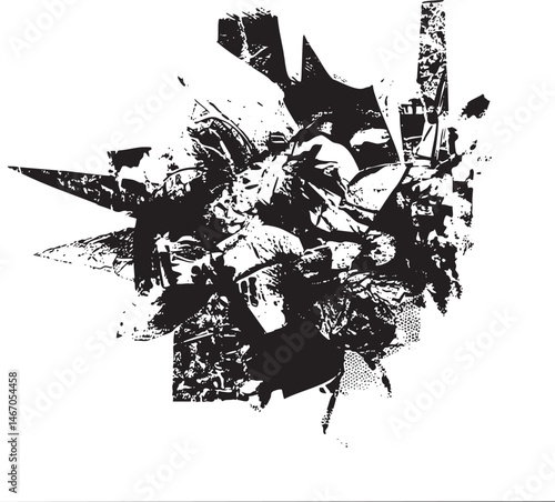 Fragmented black shapes collide against a stark white background.