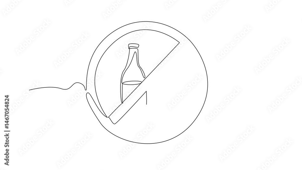 Animated self drawing of one line drawing of forbidden alcohol bottle and glass. Stop drinking liquor campaign. Urging people to healthy lifestyle with no beer. Full length single line animation Animated self drawing of one line drawing of forbidden alcohol bottle and glass. Stop drinking liquor campaign. Urging people to healthy lifestyle with no beer. Full length single line animation