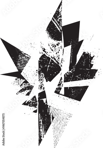 A fragmented black and white abstract shape explodes outwards.