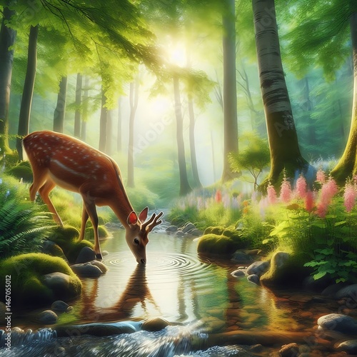 Fototapeta Naklejka Na Ścianę i Meble -  deer tropical forest in the jungle drinkkin water