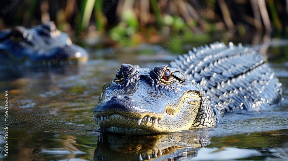 American alligators lurking in the murky waters with menacing eyes staring American alligators lurking in the murky waters with menacing eyes staring