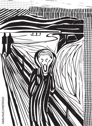 A solitary figure dramatically screams against a turbulent expansive landscape.