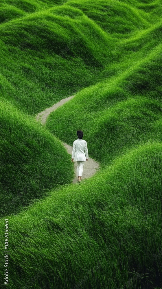 Obraz premium a striking scene of a young woman walking down a winding path surrounded by vibrant green, fluffy grass fields. The solitary Woman, dressed in a white suit, c