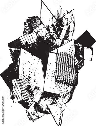 A fragmented geometric shape dominates the  composed of angular blocks and sharp lines.