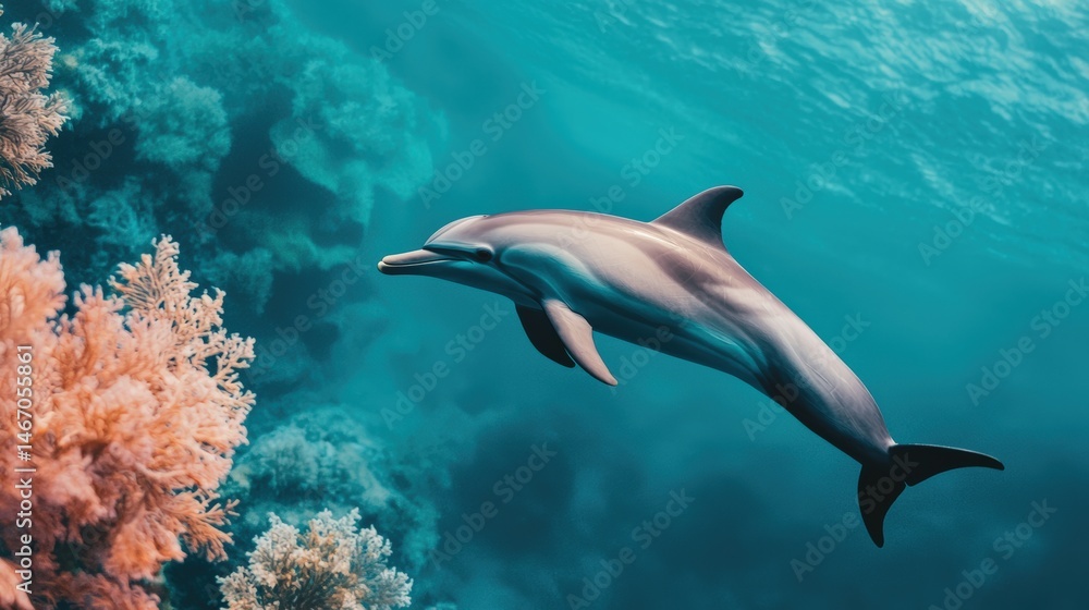 A dolphin swims gracefully near vibrant coral reefs in clear blue ocean water. A dolphin swims gracefully near vibrant coral reefs in clear blue ocean water.