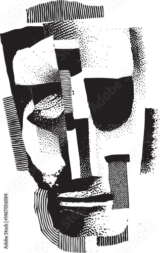 A fragmented monochrome portrait depicts a stylized face constructed from geometric shapes.
