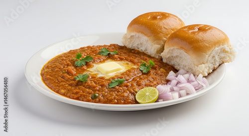 Delicious pav bhaji indian street food with butter onions and lime on a white plate tasty cuisine on transparent background