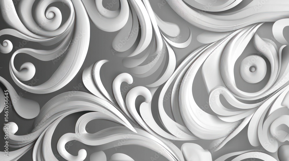 Abstract grayscale 3D floral pattern with swirling, embossed design elements. Abstract grayscale 3D floral pattern with swirling, embossed design elements.