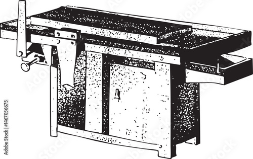 A weathered wooden workbench displays tools and a metal workpiece.