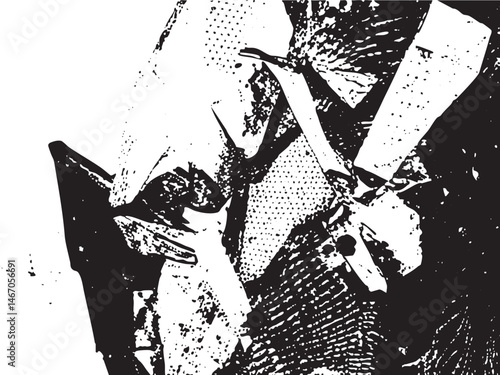 A dark figure emerges from a textured fragmented backdrop.