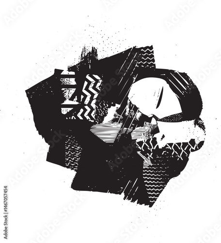 A silhouetted face emerges from a textured abstract composition.