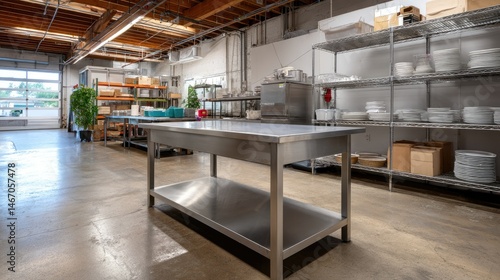 Large stainless prep table in a ghost kitchen or commissary setup, surrounded by metal shelves