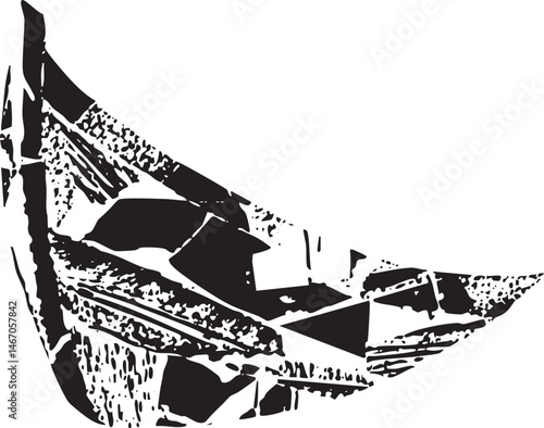 A fragmented shoe lies scattered on a textured surface.
