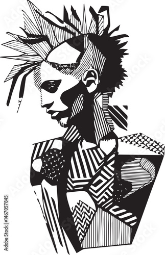A young person with vibrant angular hair stares intensely into the distance.