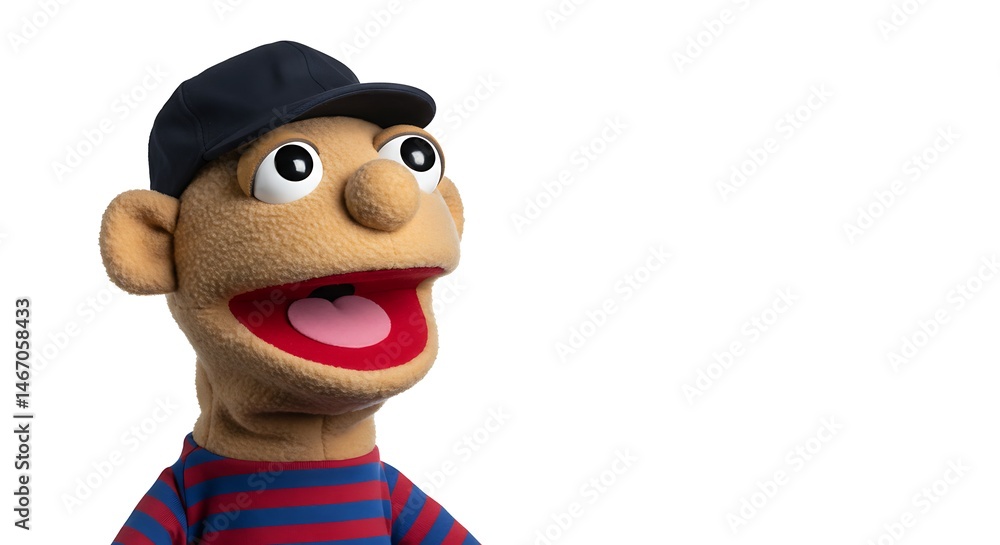 Puppet doll toy character with cap and striped shirt isolated on white background studio shot closeup view on transparent background Puppet doll toy character with cap and striped shirt isolated on white background studio shot closeup view on transparent background