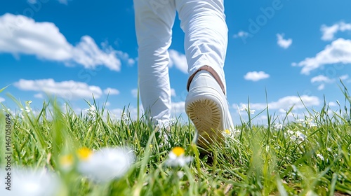 Wallpaper Mural Person Walking in Green Field with Flowers Under Blue Sky Torontodigital.ca