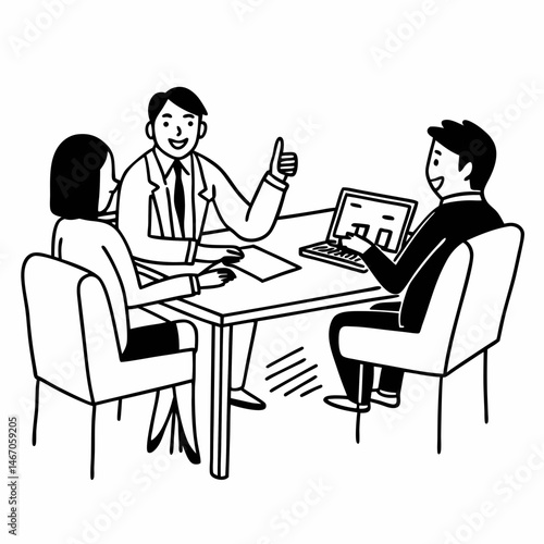Bank manager offers excellent option and gives thumbs up talking to happy clients in consultation meeting. Real estate agent helping young couple make good choice and find house at reasonable price