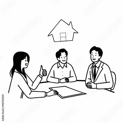 Bank manager offers excellent option and gives thumbs up talking to happy clients in consultation meeting. Real estate agent helping young couple make good choice and find house at reasonable price