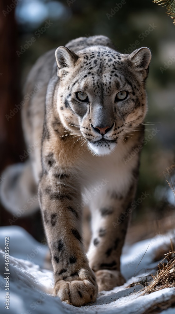Fototapeta premium Majestic snow leopard, regal stance in winter