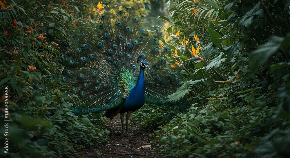 Obraz premium Peacocks vibrant display in lush jungle path