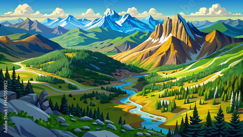 
Aerial view of Colorado Rocky Mountains, Brush Creek Trail, wildflower meadows. The vast majesty of the Rockies unfolds beneath a clear blue sky, their rugged peaks carved by time and towering over a
