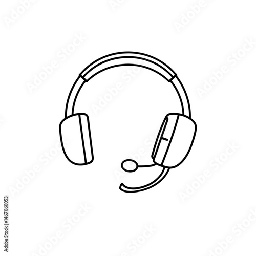 A simple black outline drawing of a headset displays a pair of earphones connected by a band, accompanied by an attached microphone