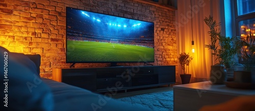 Television with Football Match on Brick Wall