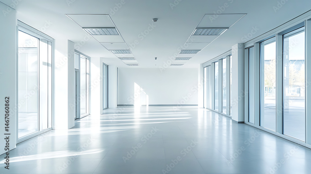 A large, empty room with white walls and windows A large, empty room with white walls and windows