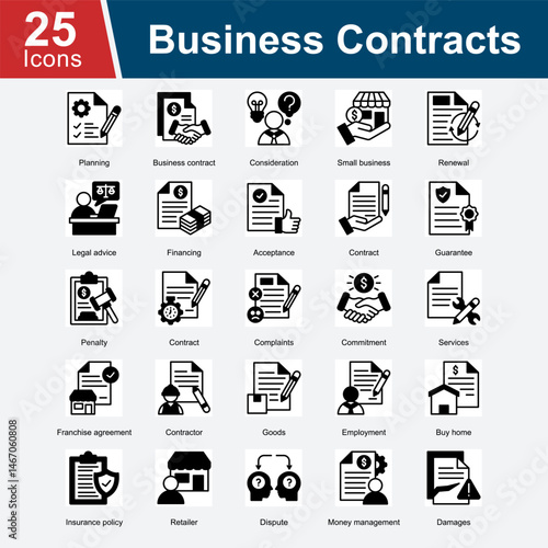 Business Contract is a collection of icons that represent various elements of business agreements, including contract terms, legal advice, financing, dispute resolution, penalties.