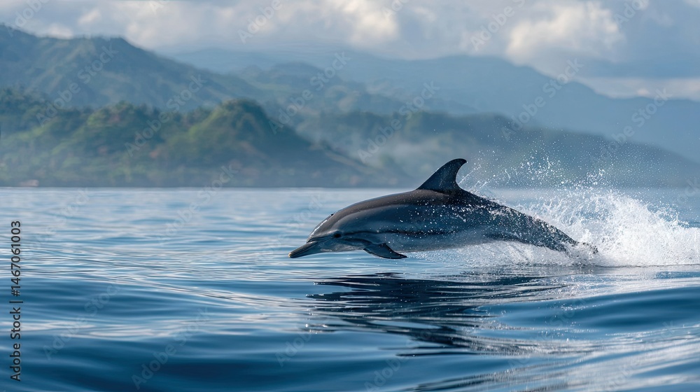 Naklejka premium Ocean wildlife moment with a striped dolphin jumping out of the water, peaceful yet dynamic